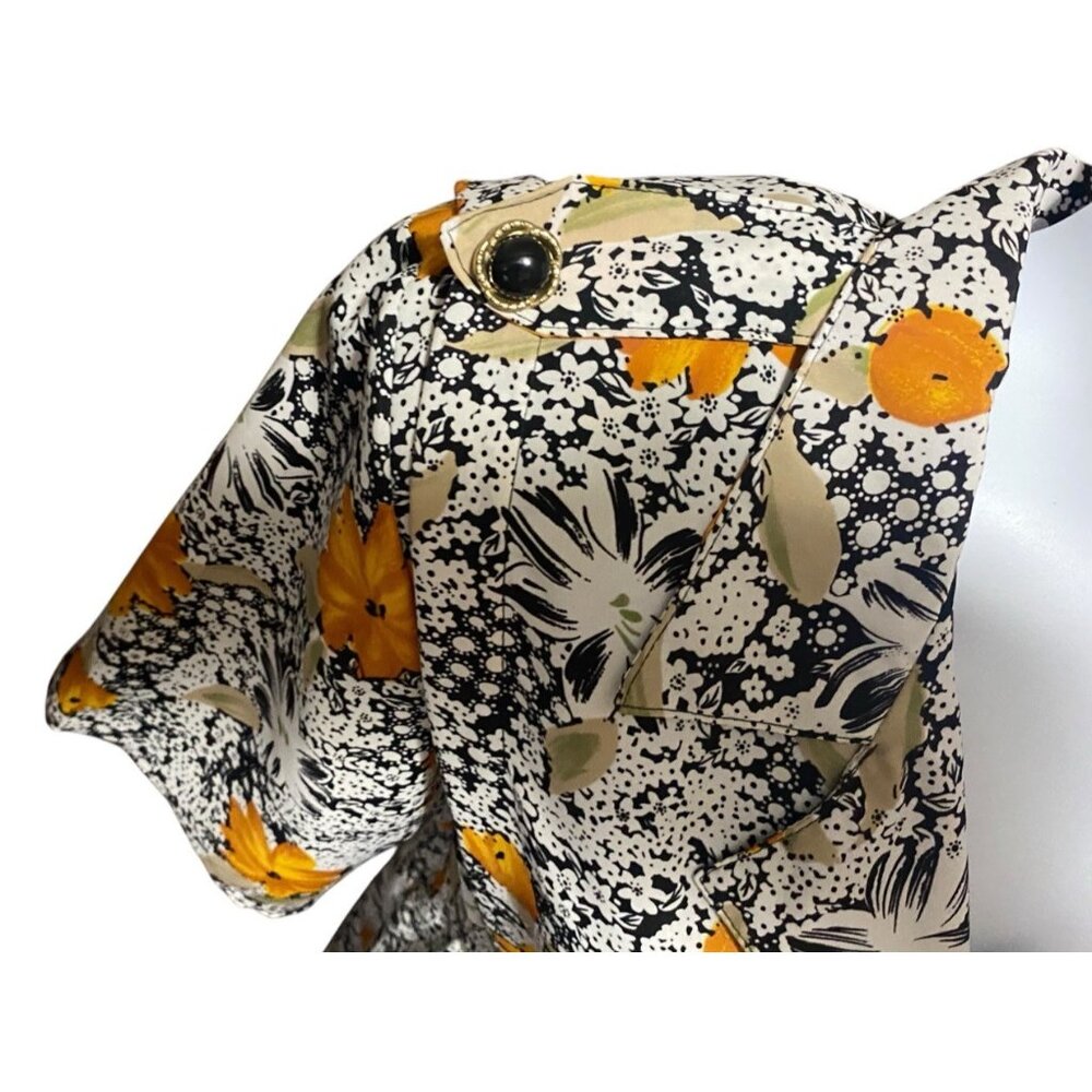 JAS Vintage Dress 2X Floral Midi Short Sleeves Collar Belted Pocket Black Yellow - Picture 14 of 15